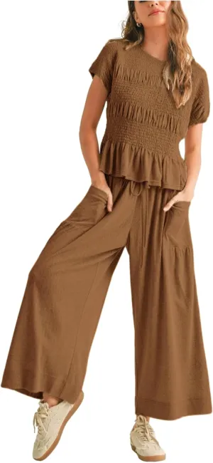 Womens 2 Piece Smocked Top Wide-Leg Pants Set High-Waisted Lounge Outfit with Pockets Casual Boho Matching Set
