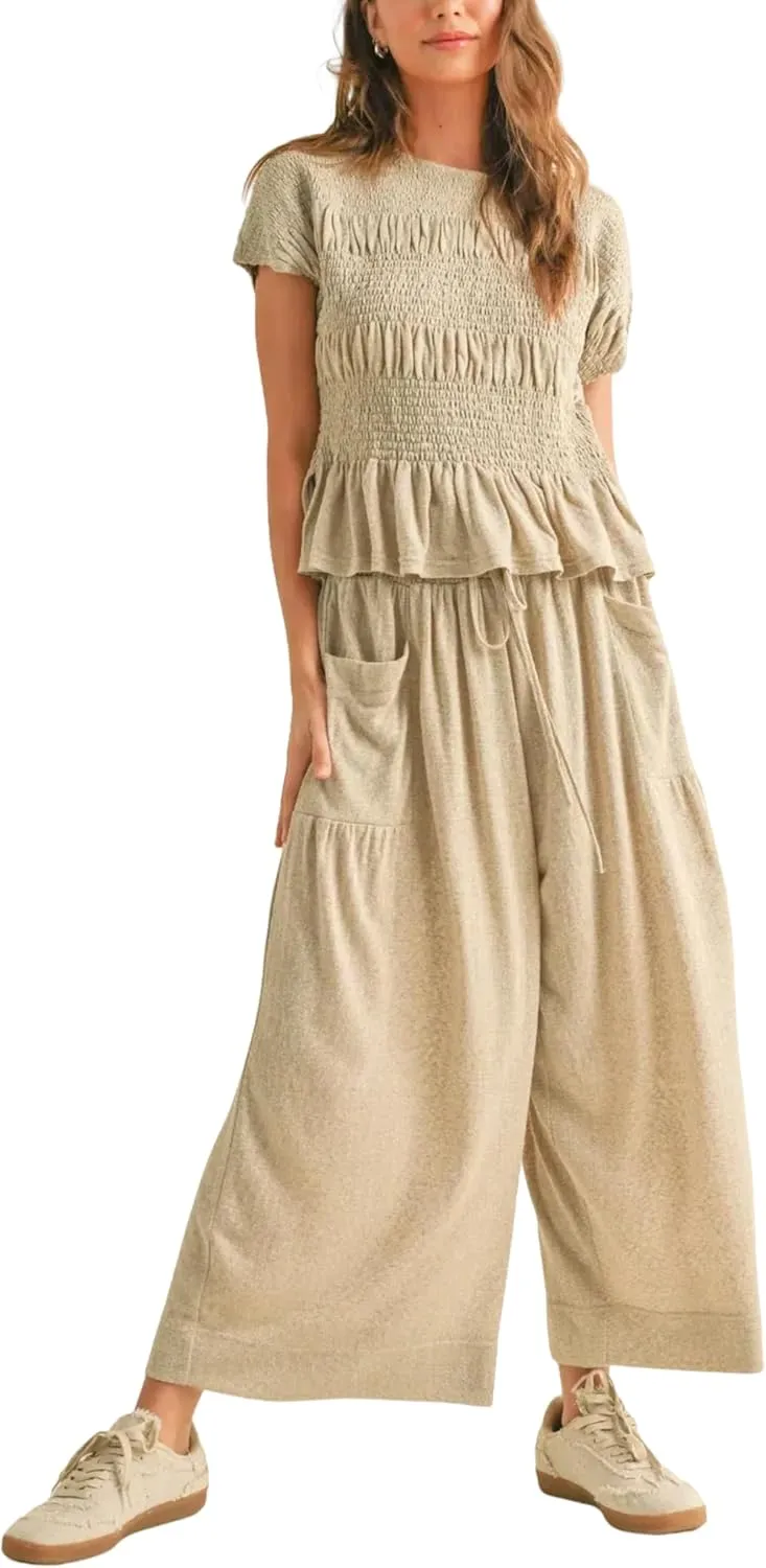 Womens 2 Piece Smocked Top Wide-Leg Pants Set High-Waisted Lounge Outfit with Pockets Casual Boho Matching Set