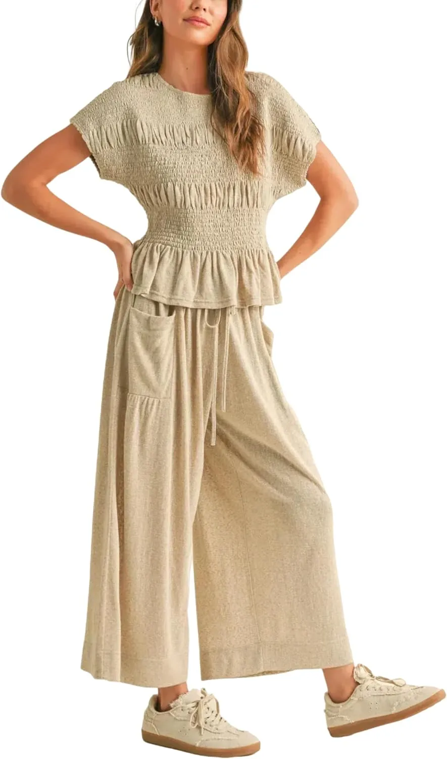 Womens 2 Piece Smocked Top Wide-Leg Pants Set High-Waisted Lounge Outfit with Pockets Casual Boho Matching Set