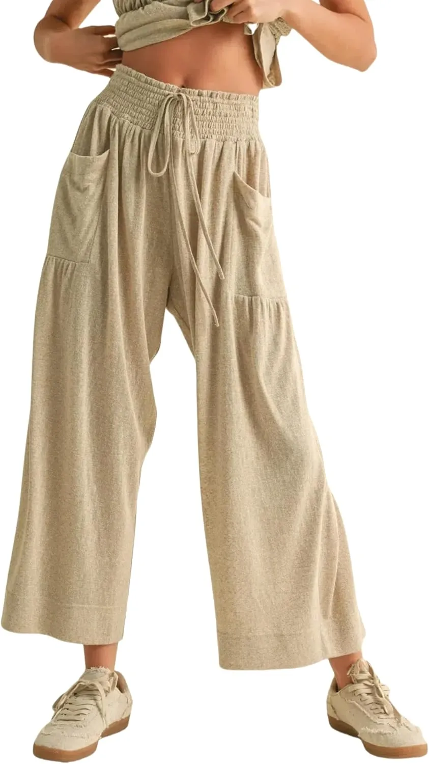 Womens 2 Piece Smocked Top Wide-Leg Pants Set High-Waisted Lounge Outfit with Pockets Casual Boho Matching Set