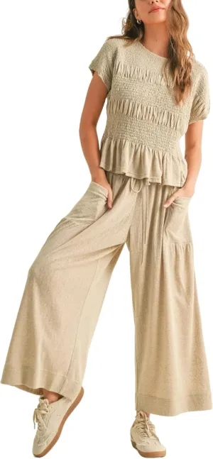 Womens 2 Piece Smocked Top Wide-Leg Pants Set High-Waisted Lounge Outfit with Pockets Casual Boho Matching Set