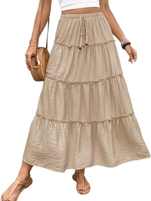 Women's 2025 Summer Boho Maxi Skirt Flowy Ruffle A-Line Elastic High Waist Pleated Tiered Beach Long Skirts