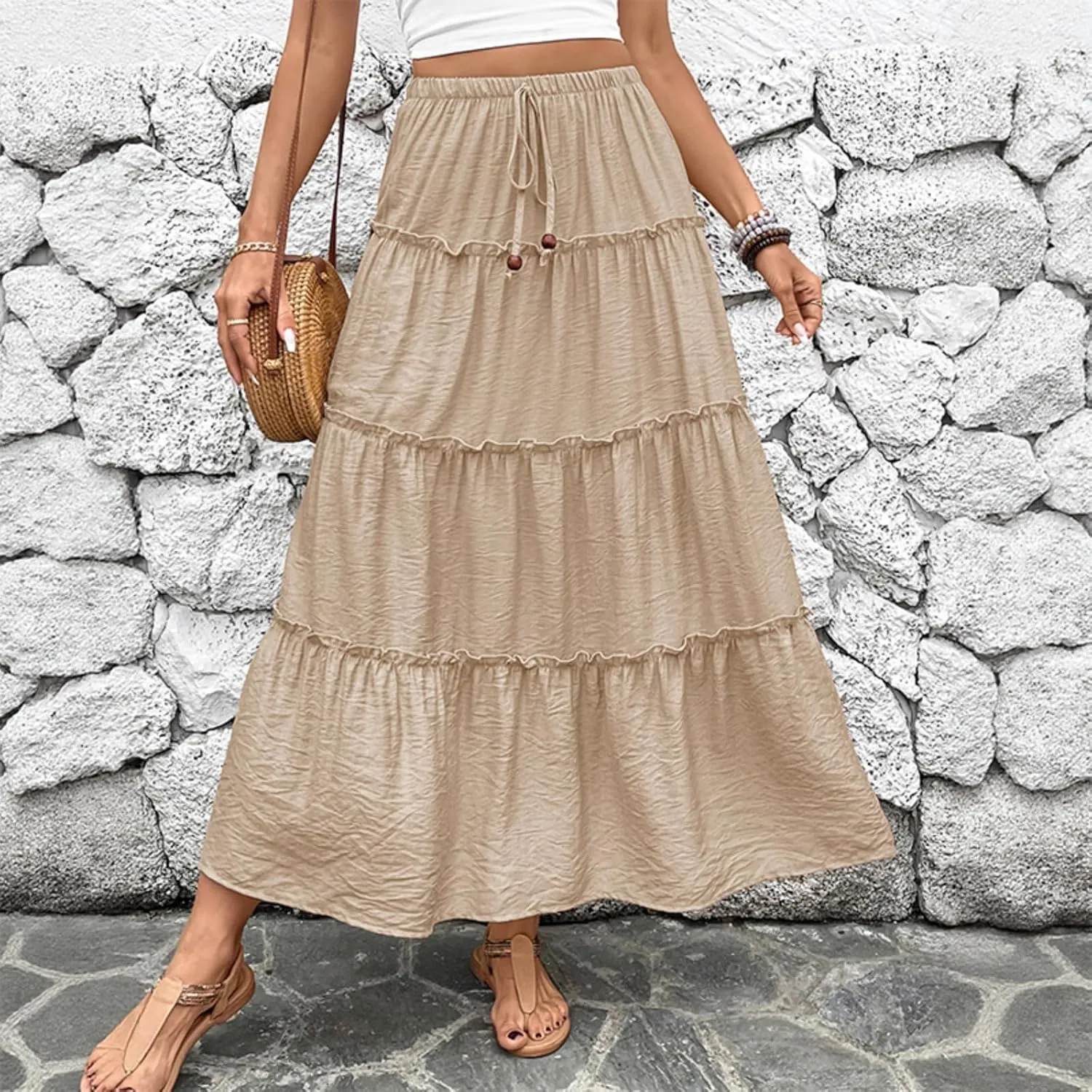 Women's 2025 Summer Boho Maxi Skirt Flowy Ruffle A-Line Elastic High Waist Pleated Tiered Beach Long Skirts