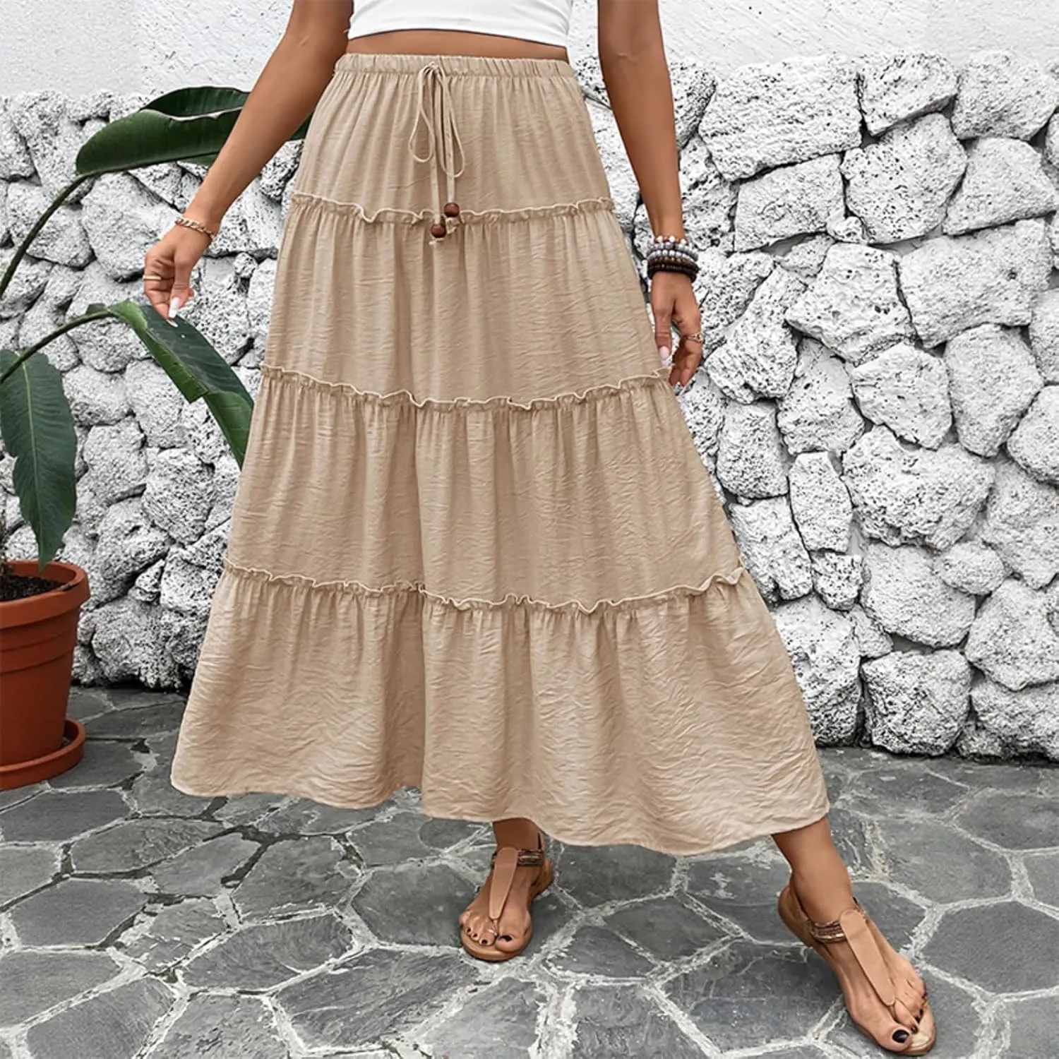 Women's 2025 Summer Boho Maxi Skirt Flowy Ruffle A-Line Elastic High Waist Pleated Tiered Beach Long Skirts