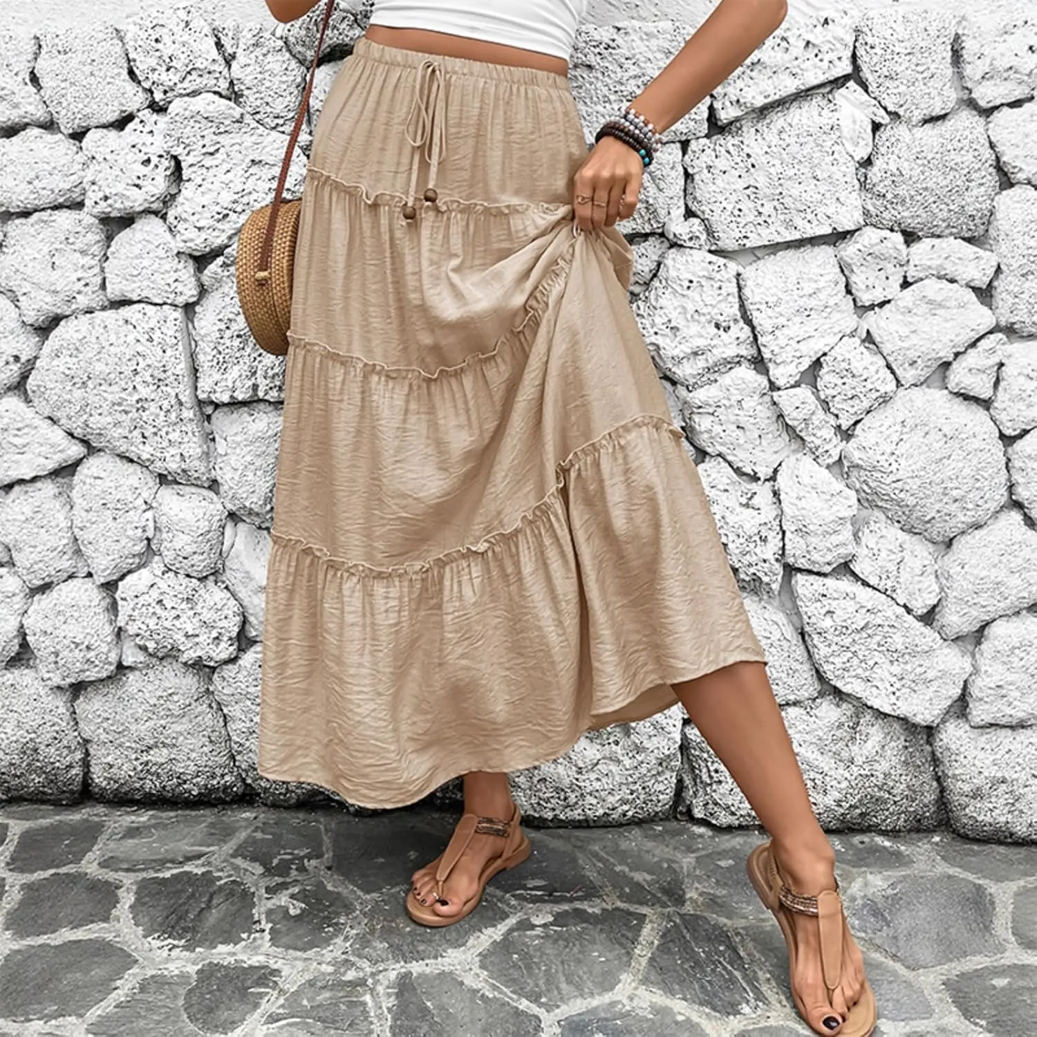 Women's 2025 Summer Boho Maxi Skirt Flowy Ruffle A-Line Elastic High Waist Pleated Tiered Beach Long Skirts