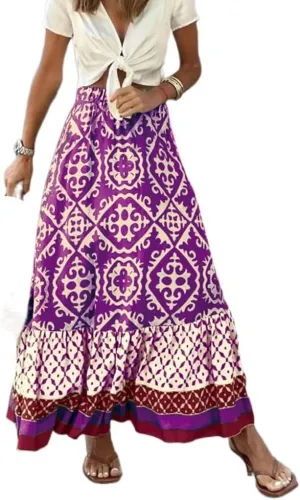 Womens Boho Floral Print High Waisted Midi Skirt Casual Summer Ruffle Hem Pleated Flowy Swing a Line Skirts
