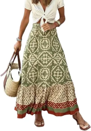Womens Boho Floral Print High Waisted Midi Skirt Casual Summer Ruffle Hem Pleated Flowy Swing a Line Skirts