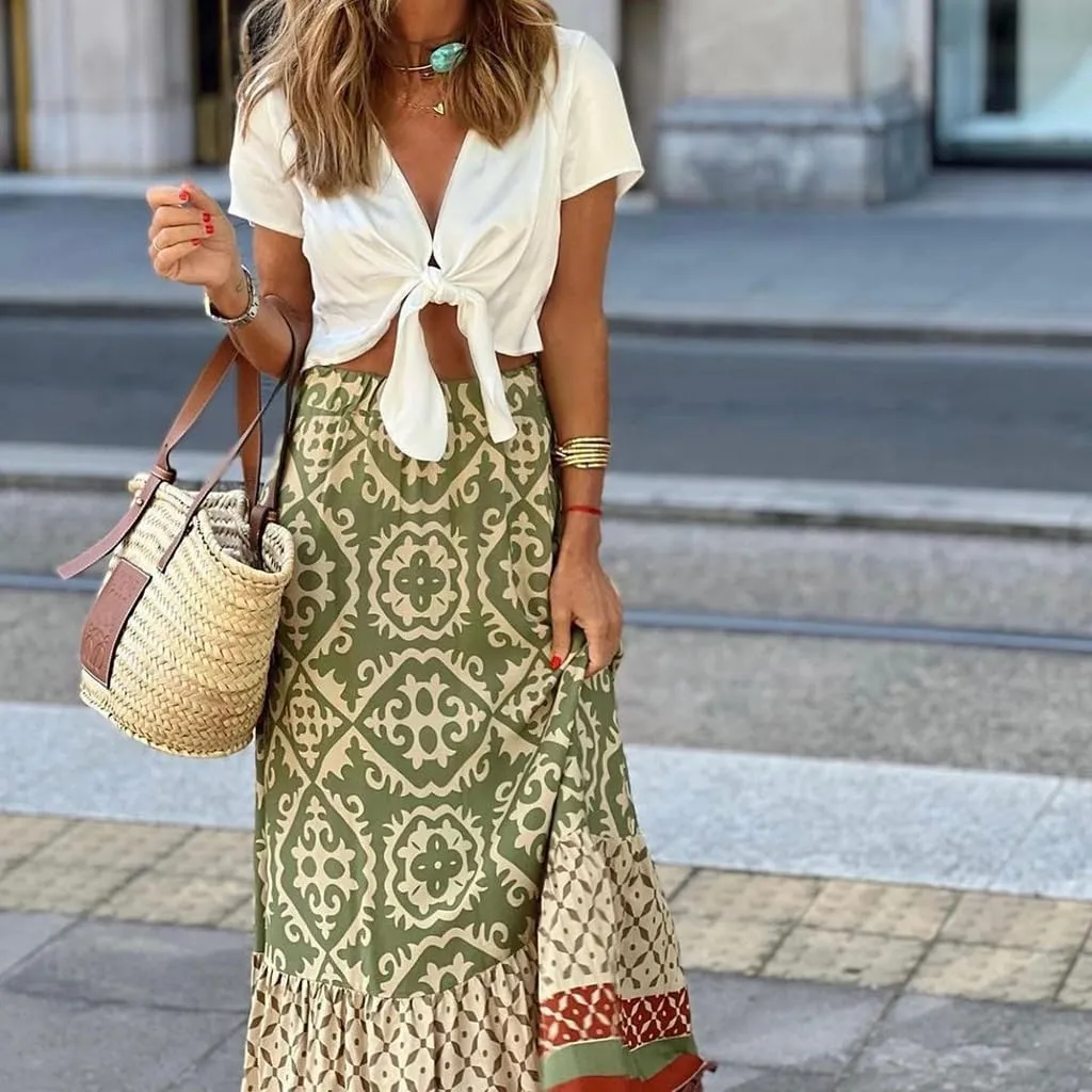 Womens Boho Floral Print High Waisted Midi Skirt Casual Summer Ruffle Hem Pleated Flowy Swing a Line Skirts