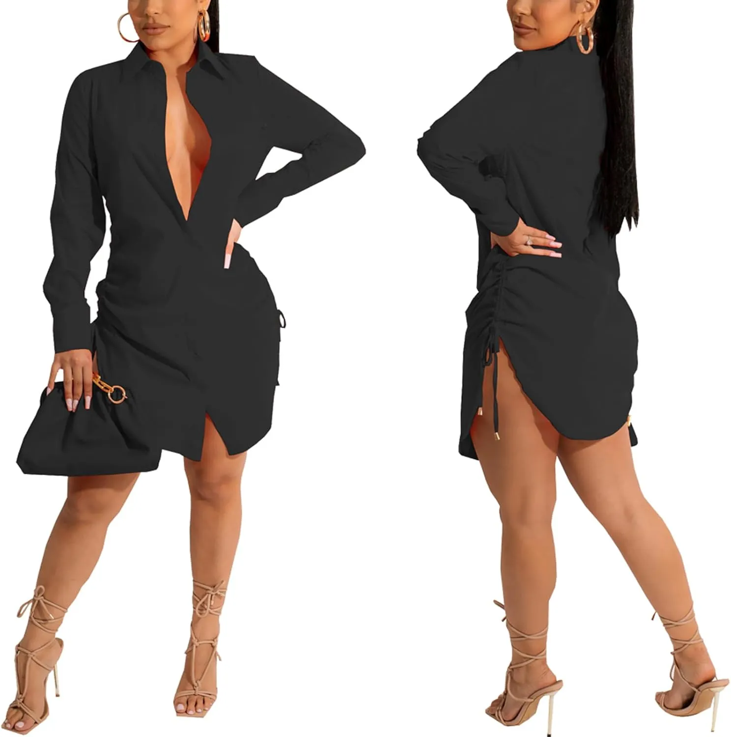 Women's Casual Long Sleeve Button Down Shirts Mini Dress Sexy V Neck T-Shirts Tops Loose Collar Long Blouse Wrap Dress