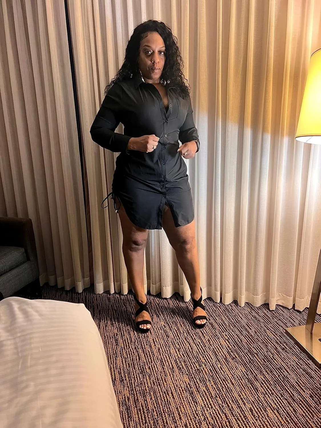 Women's Casual Long Sleeve Button Down Shirts Mini Dress Sexy V Neck T-Shirts Tops Loose Collar Long Blouse Wrap Dress