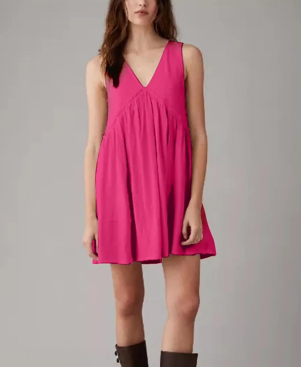 Women's Casual Sleeveless Mini Dress Loose V Neck Backless Pleated Short Tank Sundress with Pockets