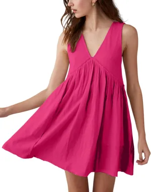 Women's Casual Sleeveless Mini Dress Loose V Neck Backless Pleated Short Tank Sundress with Pockets