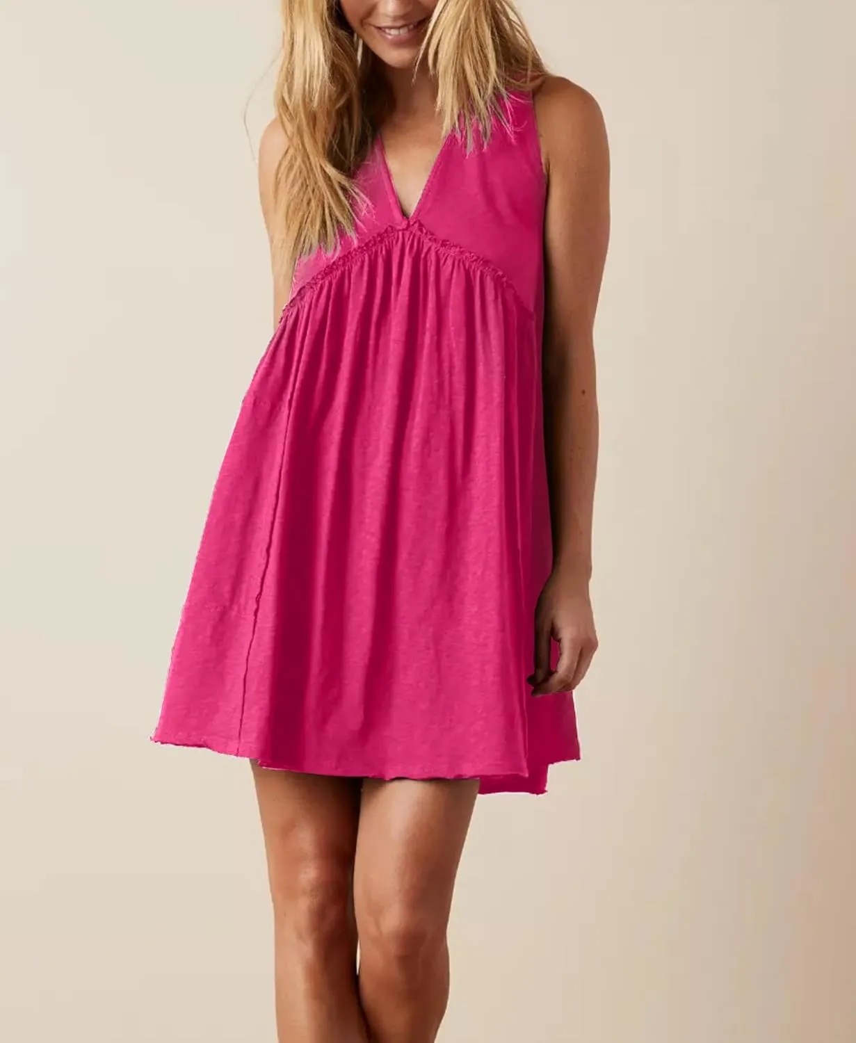 Women's Casual Sleeveless Mini Dress Loose V Neck Backless Pleated Short Tank Sundress with Pockets