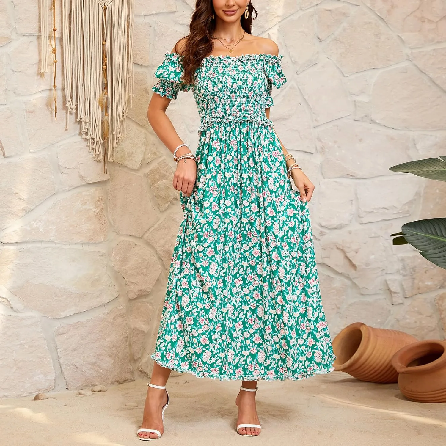 Women's Casual Summer Maxi Dresses Short Sleeve Floral Strapless Dress A Line Boho Ruffle Long Dresses