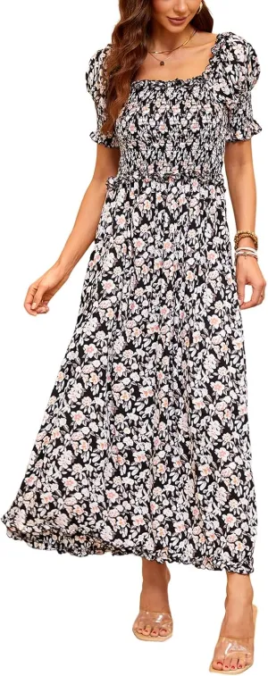 Women's Casual Summer Maxi Dresses Short Sleeve Floral Strapless Dress A Line Boho Ruffle Long Dresses