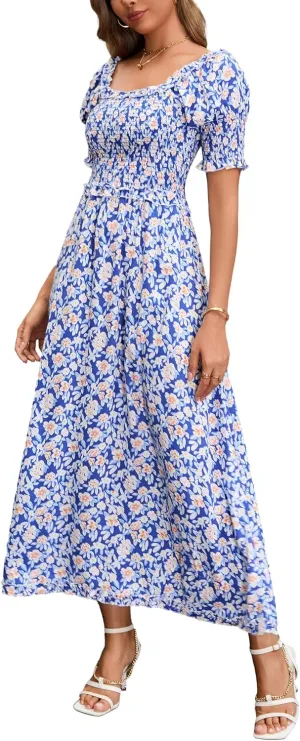 Women's Casual Summer Maxi Dresses Short Sleeve Floral Strapless Dress A Line Boho Ruffle Long Dresses