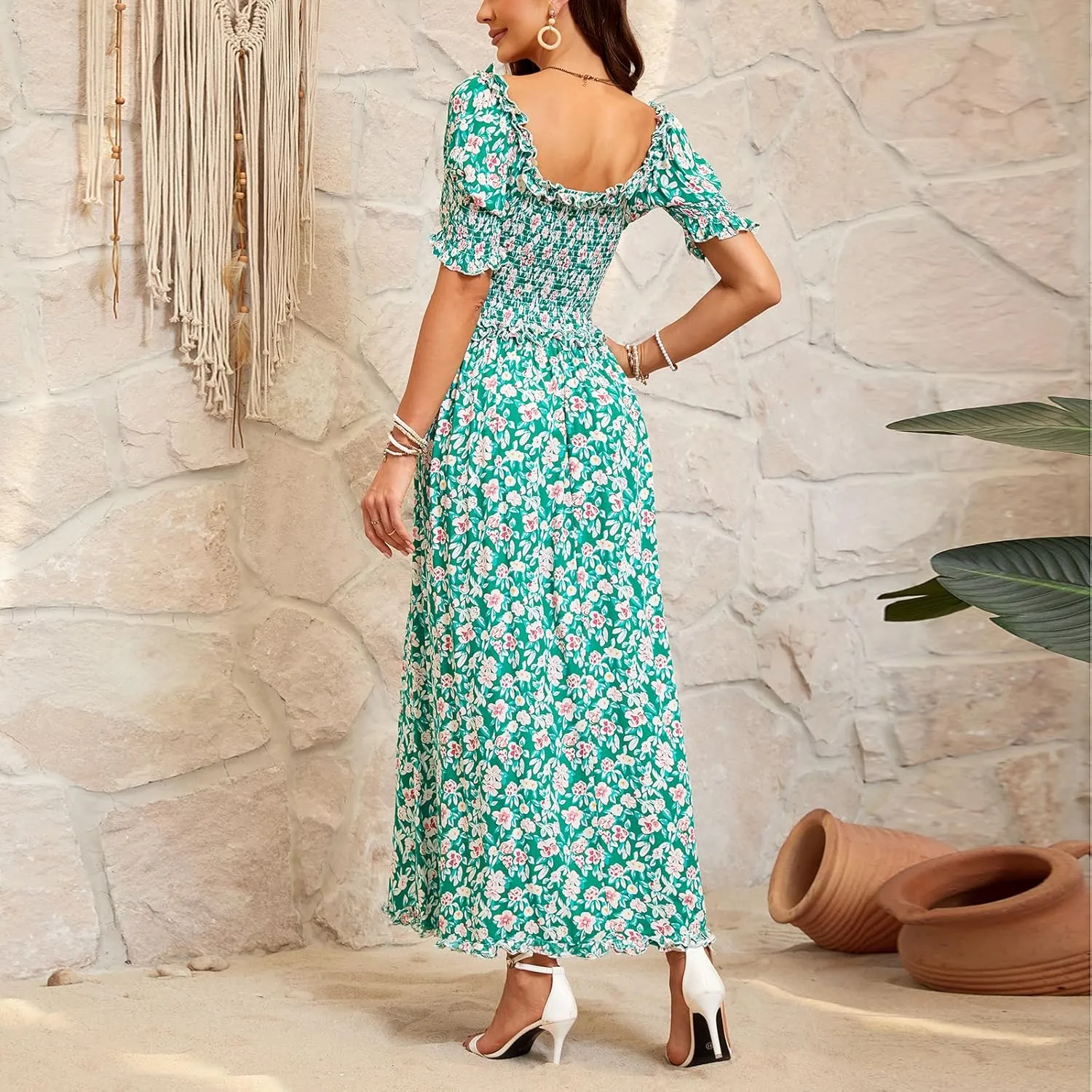 Women's Casual Summer Maxi Dresses Short Sleeve Floral Strapless Dress A Line Boho Ruffle Long Dresses
