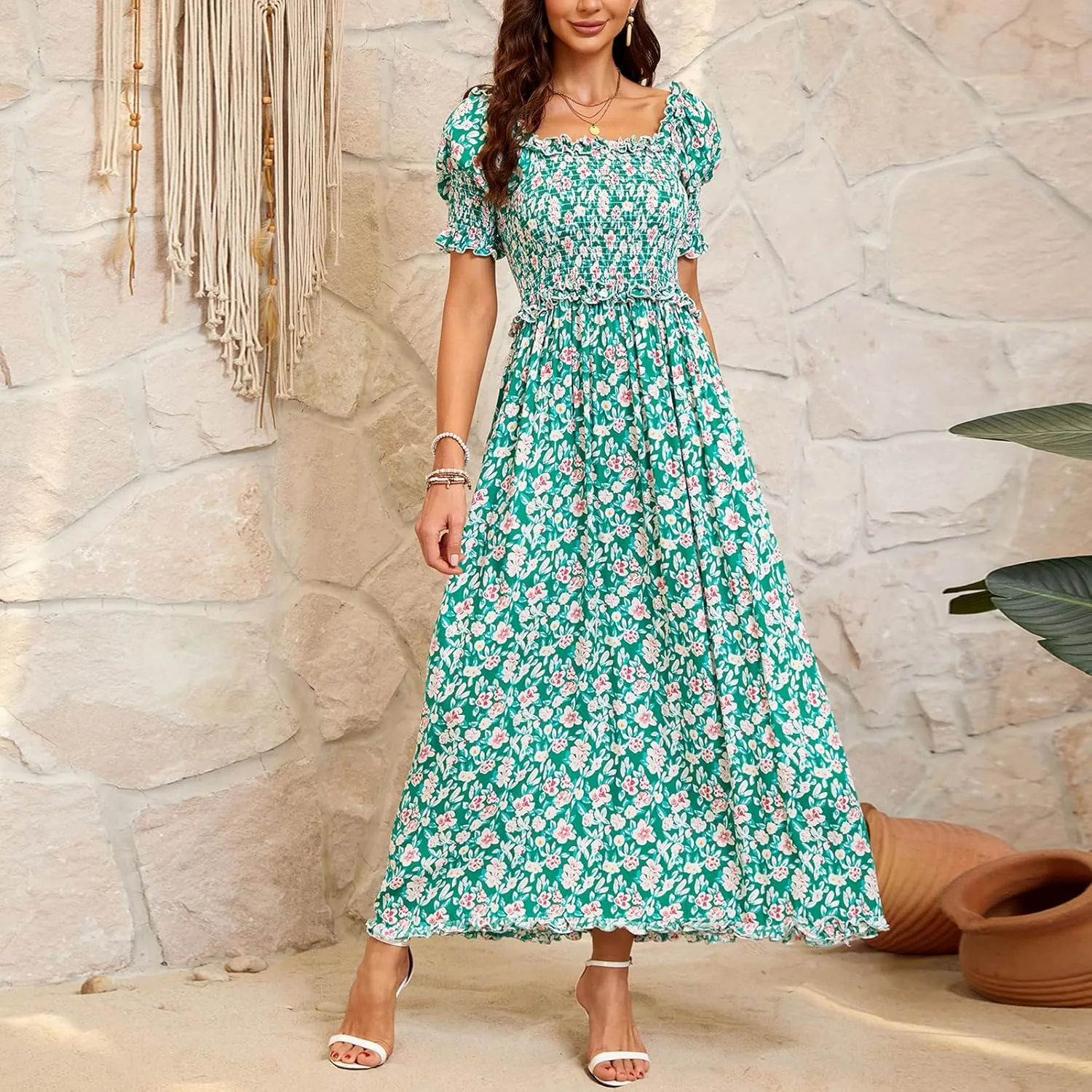 Women's Casual Summer Maxi Dresses Short Sleeve Floral Strapless Dress A Line Boho Ruffle Long Dresses