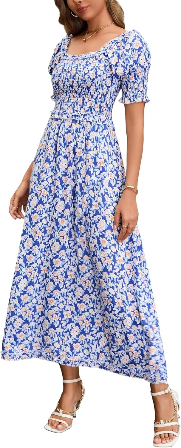 Women's Casual Summer Maxi Dresses Short Sleeve Floral Strapless Dress A Line Boho Ruffle Long Dresses