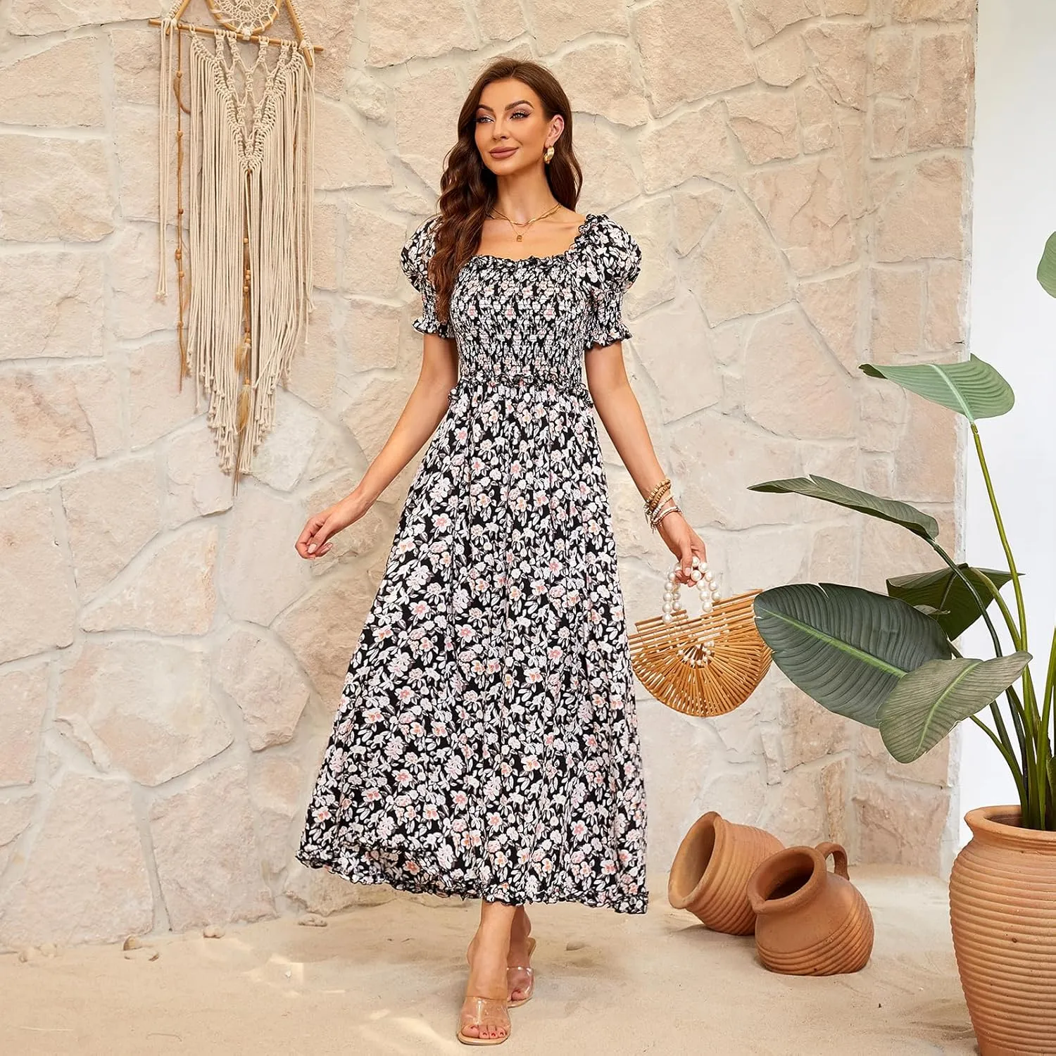 Women's Casual Summer Maxi Dresses Short Sleeve Floral Strapless Dress A Line Boho Ruffle Long Dresses