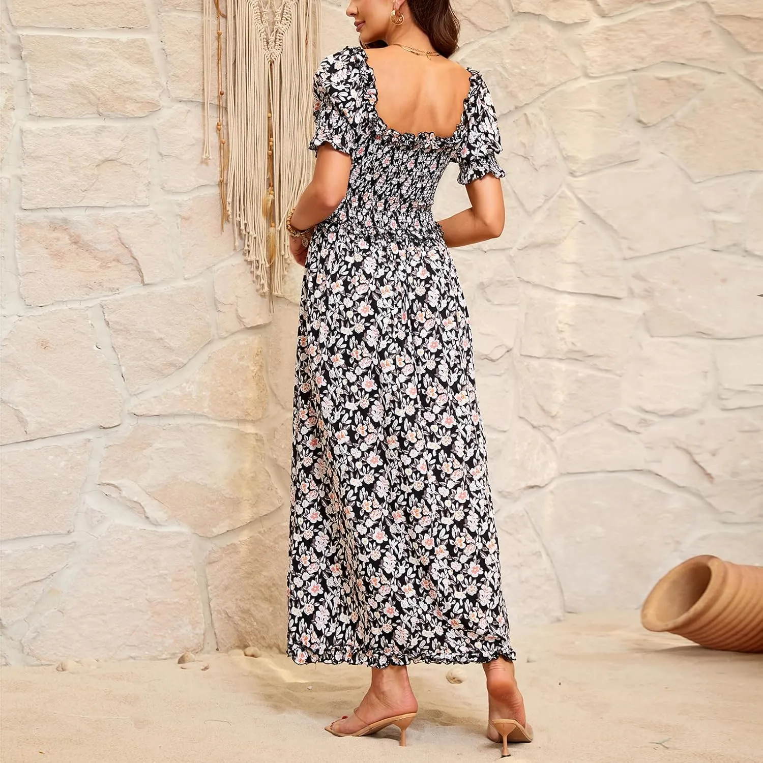 Women's Casual Summer Maxi Dresses Short Sleeve Floral Strapless Dress A Line Boho Ruffle Long Dresses