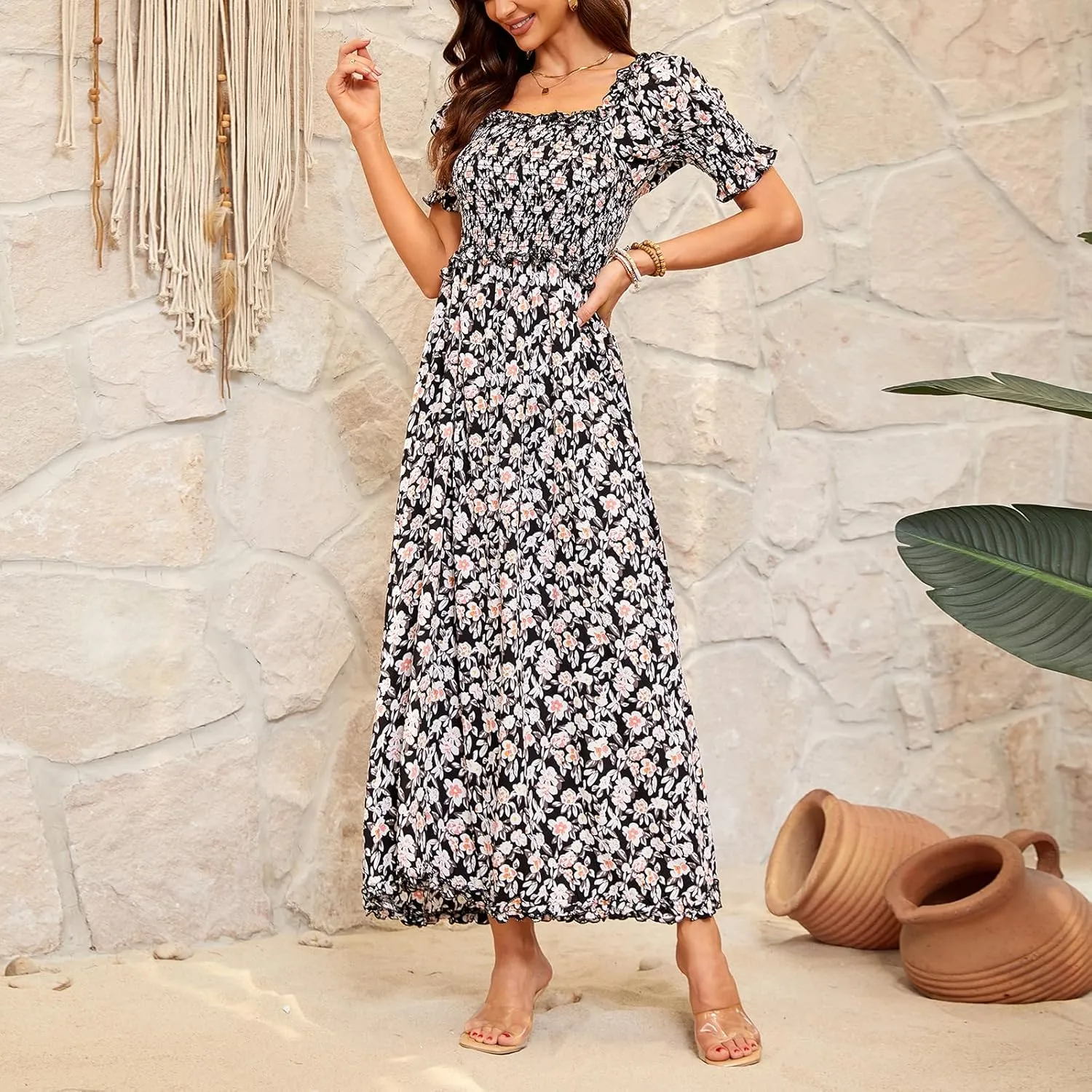 Women's Casual Summer Maxi Dresses Short Sleeve Floral Strapless Dress A Line Boho Ruffle Long Dresses