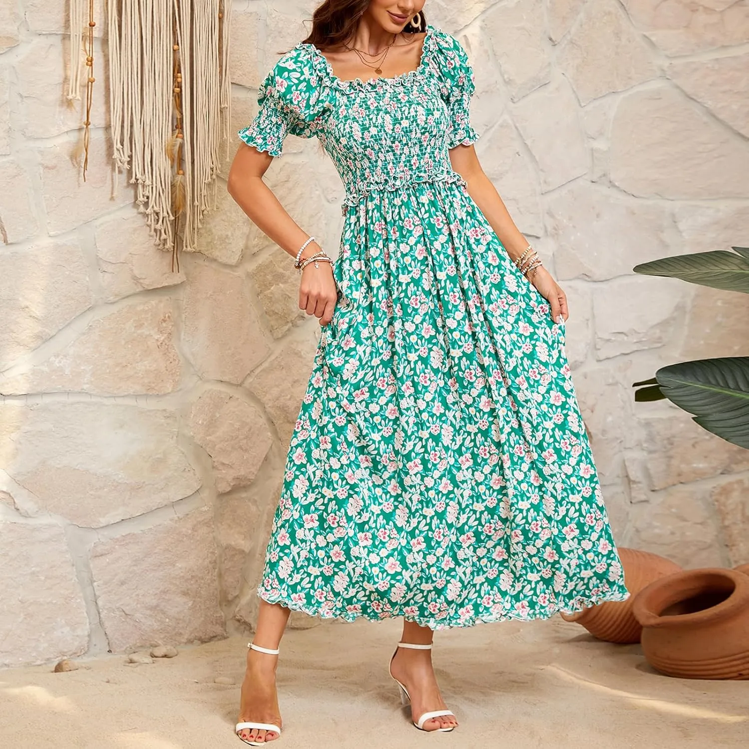 Women's Casual Summer Maxi Dresses Short Sleeve Floral Strapless Dress A Line Boho Ruffle Long Dresses