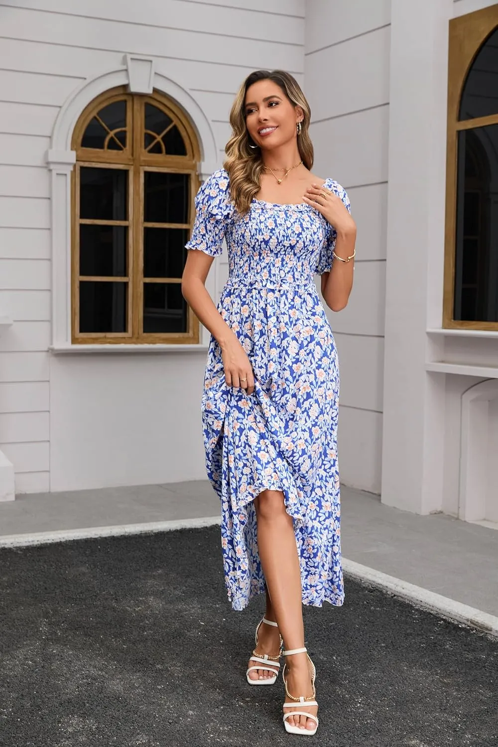 Women's Casual Summer Maxi Dresses Short Sleeve Floral Strapless Dress A Line Boho Ruffle Long Dresses