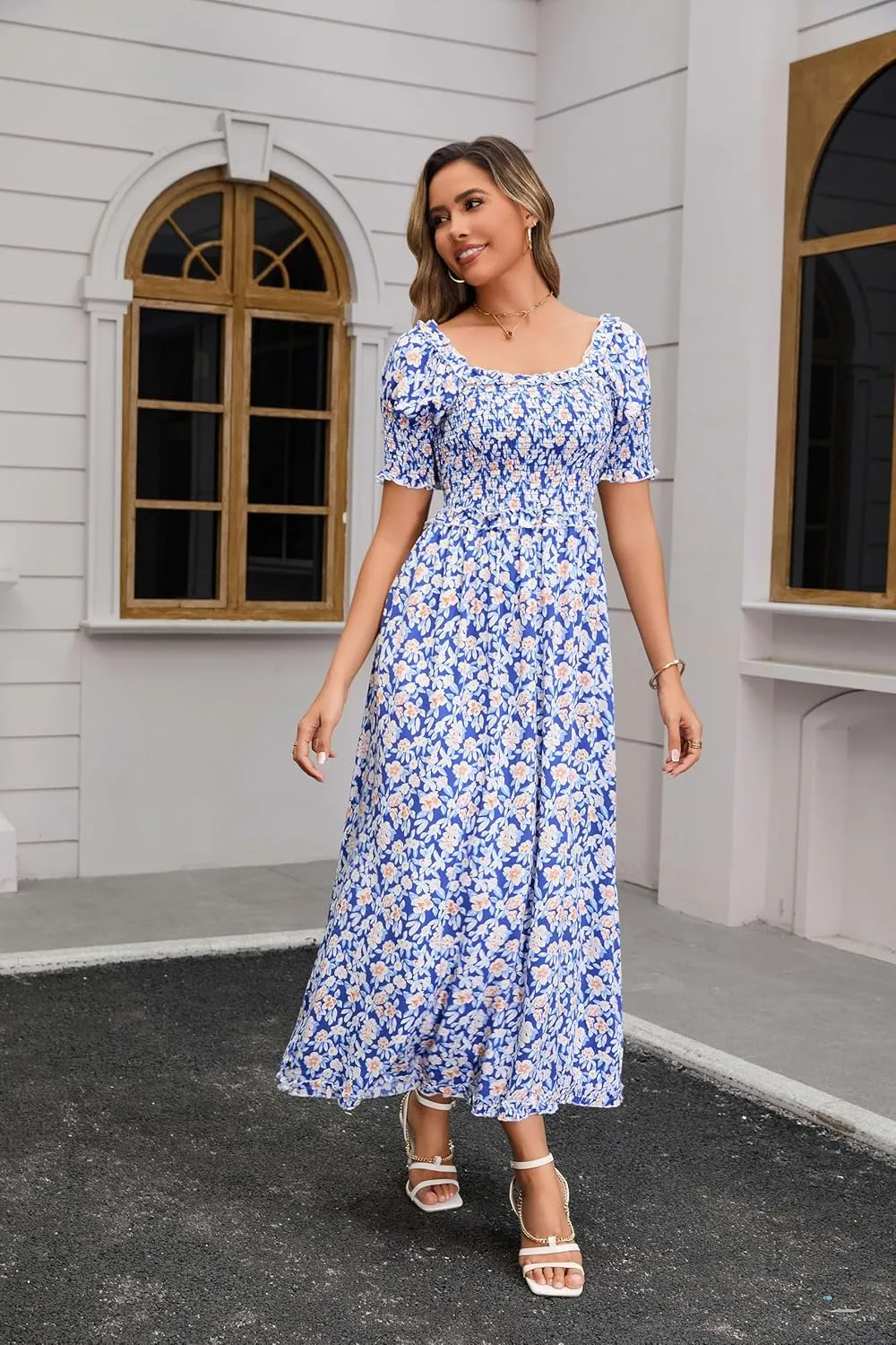 Women's Casual Summer Maxi Dresses Short Sleeve Floral Strapless Dress A Line Boho Ruffle Long Dresses