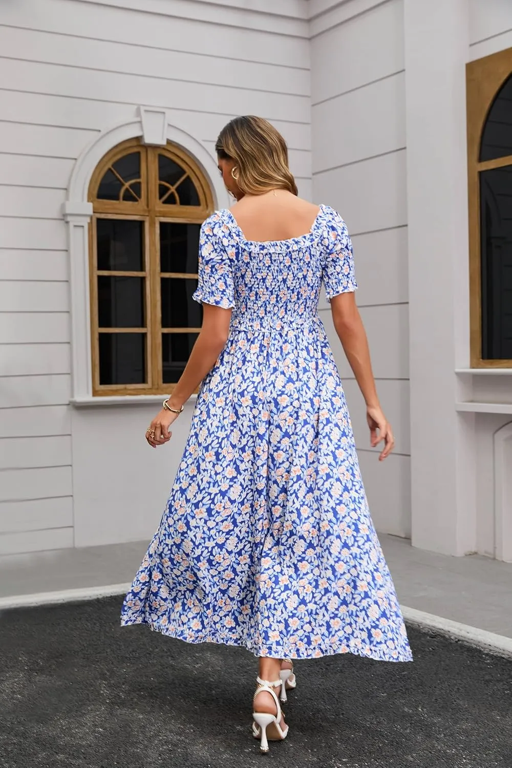 Women's Casual Summer Maxi Dresses Short Sleeve Floral Strapless Dress A Line Boho Ruffle Long Dresses