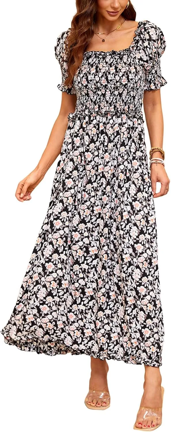 Women's Casual Summer Maxi Dresses Short Sleeve Floral Strapless Dress A Line Boho Ruffle Long Dresses