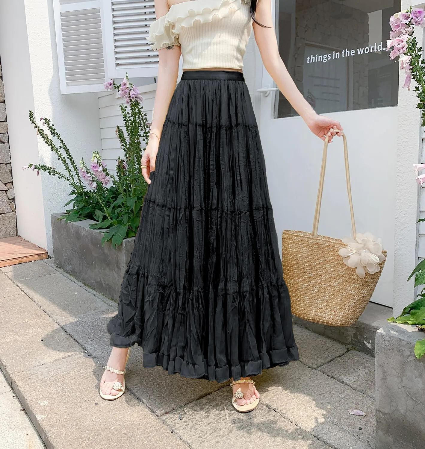 Womens Cute High Waist Maxi Skirt Boho Flowy A Line Dance Long Pleated Skirts