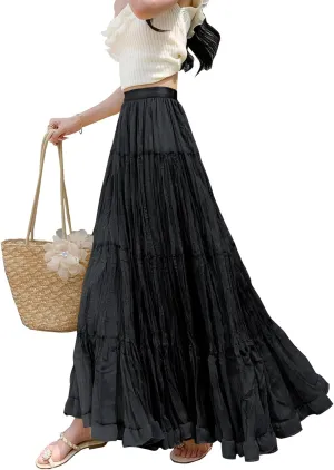 Womens Cute High Waist Maxi Skirt Boho Flowy A Line Dance Long Pleated Skirts