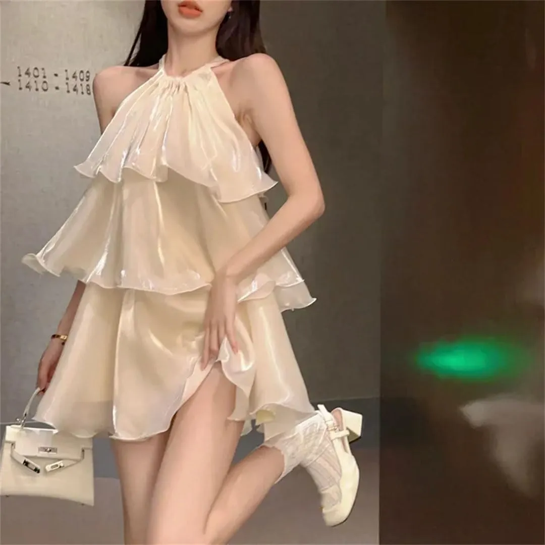 Women's Dress Elegant Sweet Sleeveless Ruffles Mesh Loose Cake Mini Dresses