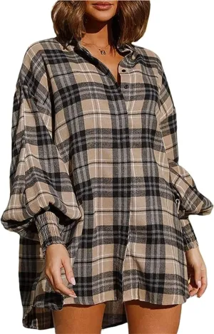 Womens Flannel Dress Long Lantern Sleeve Button Down Casual Plaid Shirt Dress Oversized Blouse Tops