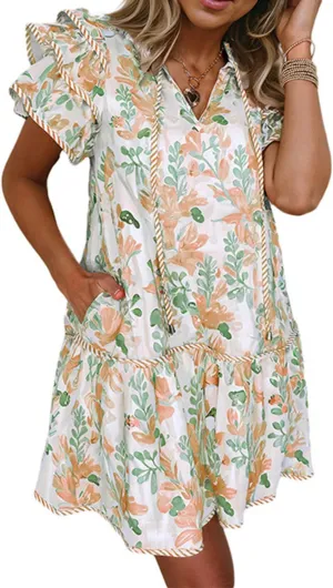 Women's Floral Contrast Edge Mini Dress Fashion Tiered Short Ruffle Sleeve Lace Up Sundress Summer Flowy Beach Dress