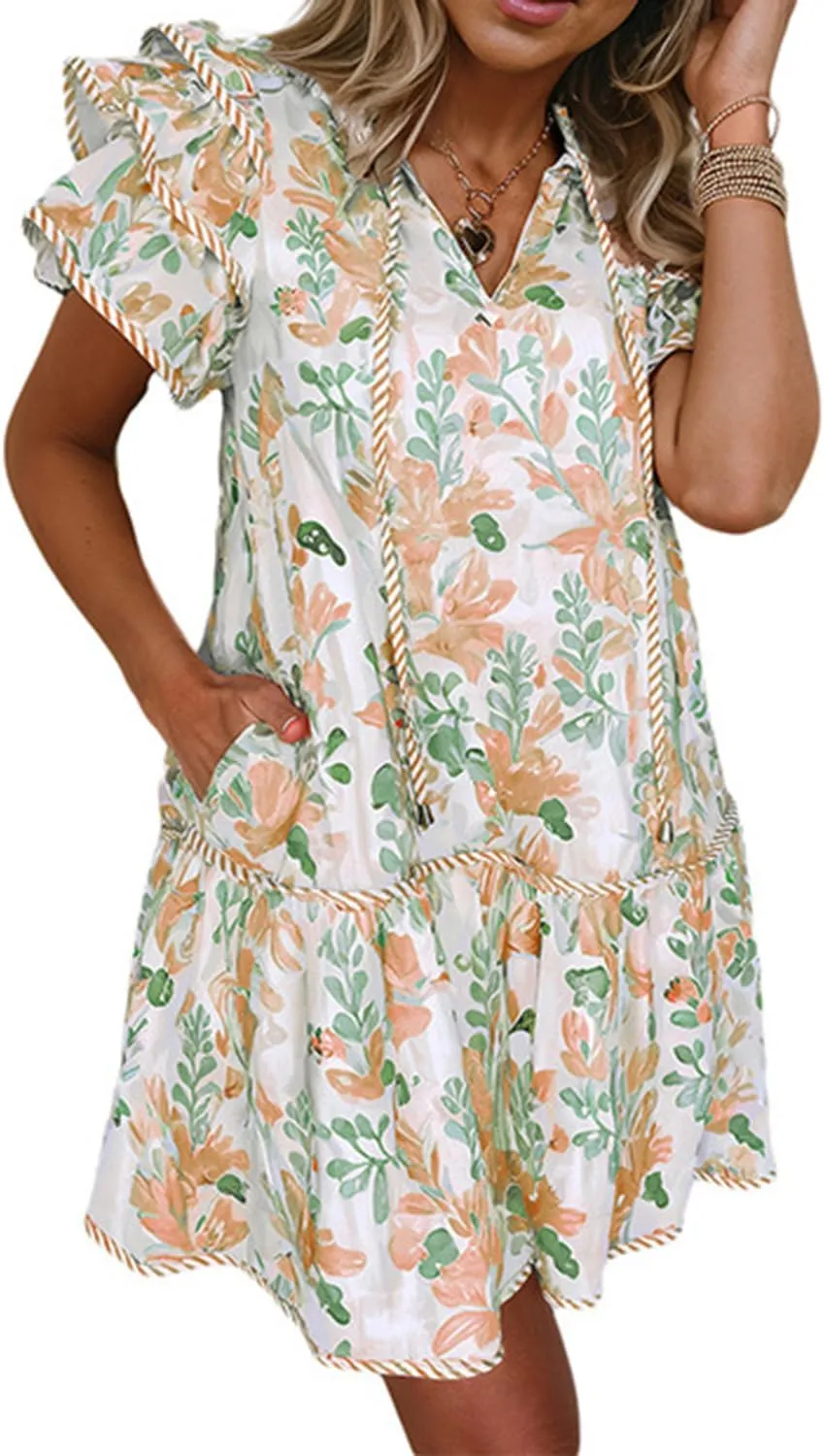 Women's Floral Contrast Edge Mini Dress Fashion Tiered Short Ruffle Sleeve Lace Up Sundress Summer Flowy Beach Dress