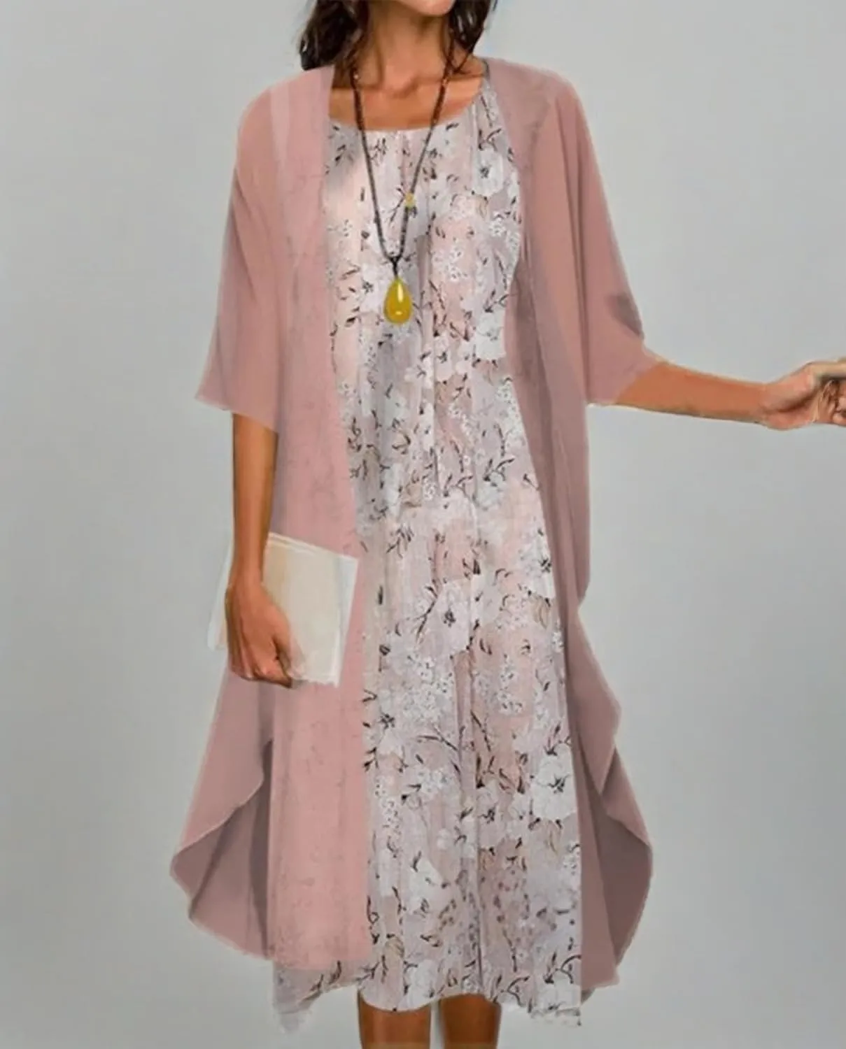 Womens Floral Print Midi Dress with Chiffon Cardigan Plus Size Sleeveless Two Piece Set for Wedding Guest Attire