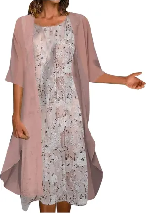 Womens Floral Print Midi Dress with Chiffon Cardigan Plus Size Sleeveless Two Piece Set for Wedding Guest Attire
