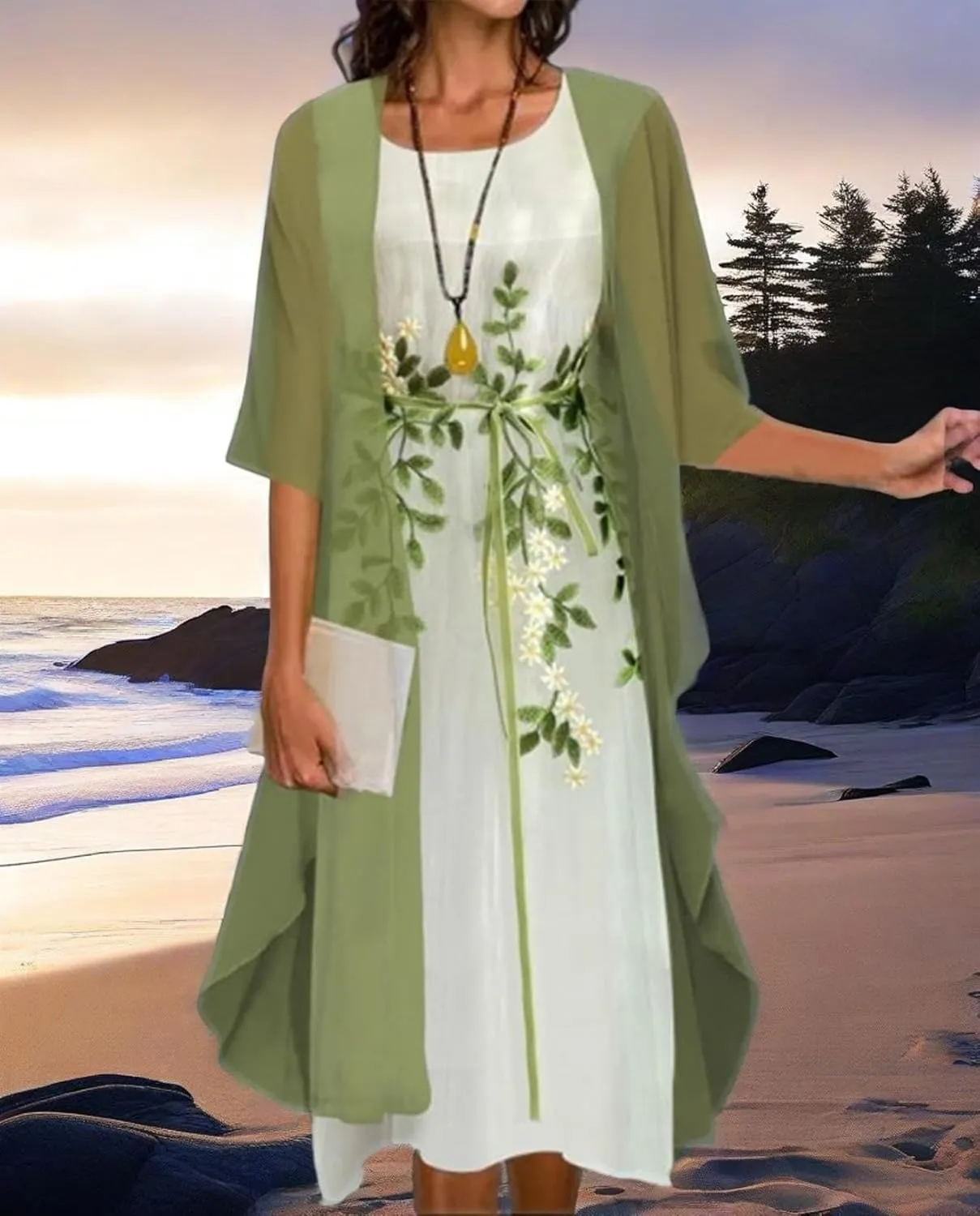 Womens Floral Print Midi Dress with Chiffon Cardigan Plus Size Sleeveless Two Piece Set for Wedding Guest Attire