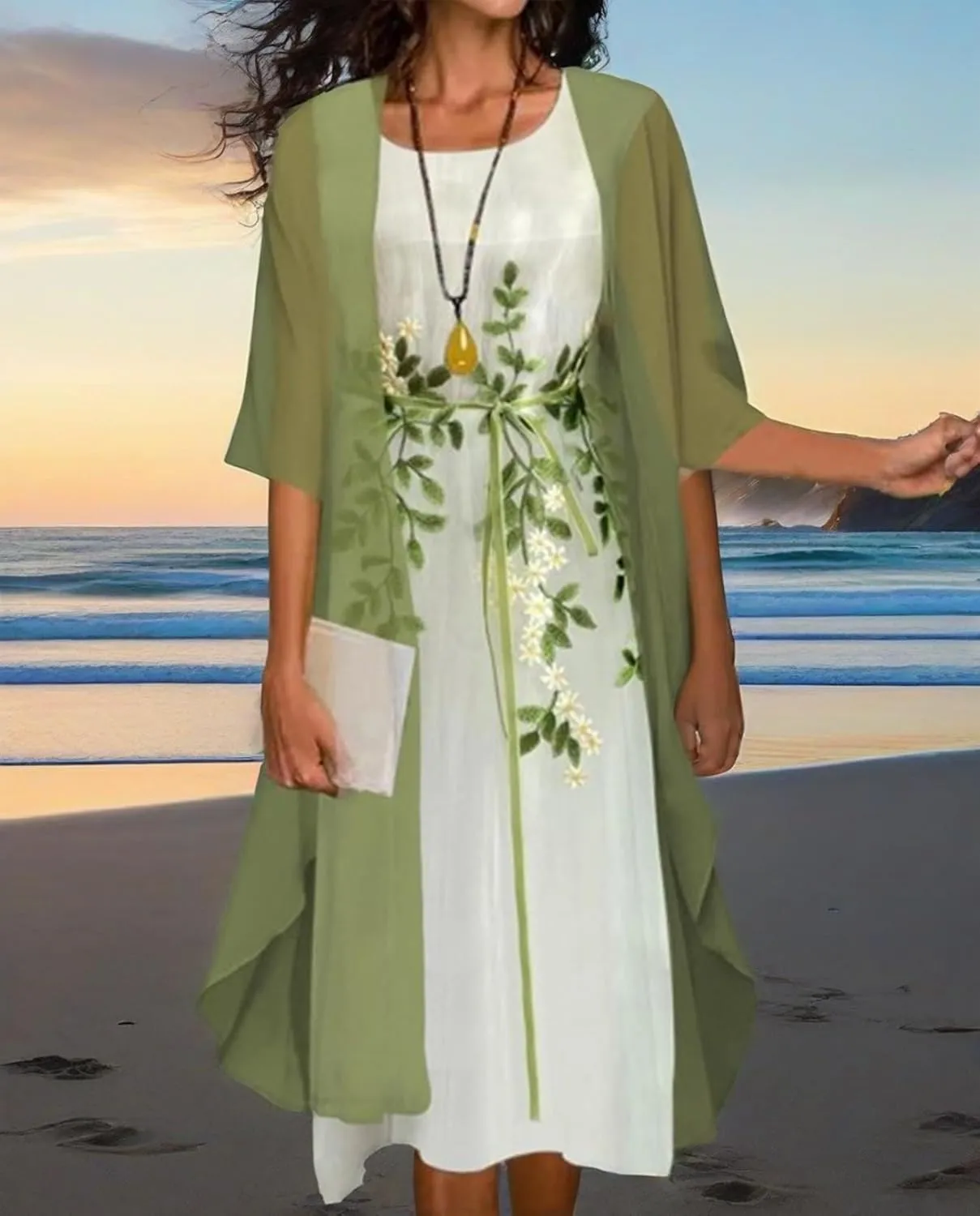 Womens Floral Print Midi Dress with Chiffon Cardigan Plus Size Sleeveless Two Piece Set for Wedding Guest Attire
