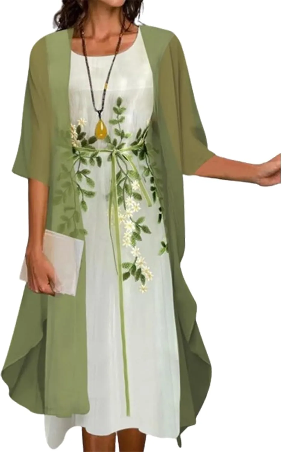 Womens Floral Print Midi Dress with Chiffon Cardigan Plus Size Sleeveless Two Piece Set for Wedding Guest Attire
