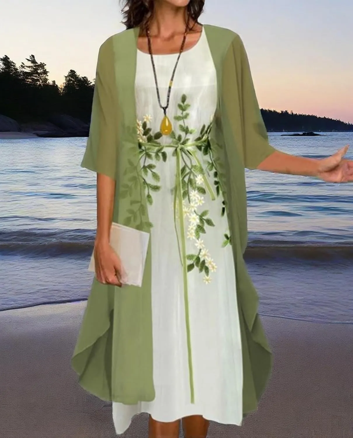 Womens Floral Print Midi Dress with Chiffon Cardigan Plus Size Sleeveless Two Piece Set for Wedding Guest Attire