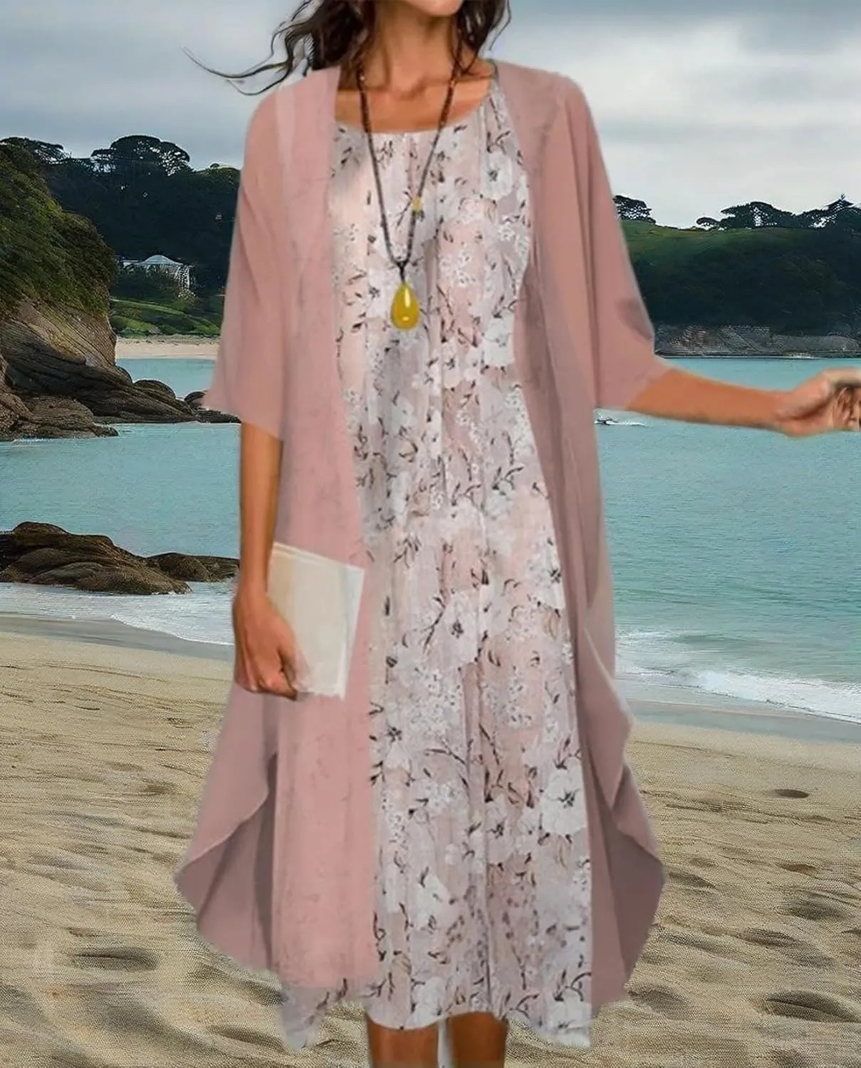 Womens Floral Print Midi Dress with Chiffon Cardigan Plus Size Sleeveless Two Piece Set for Wedding Guest Attire