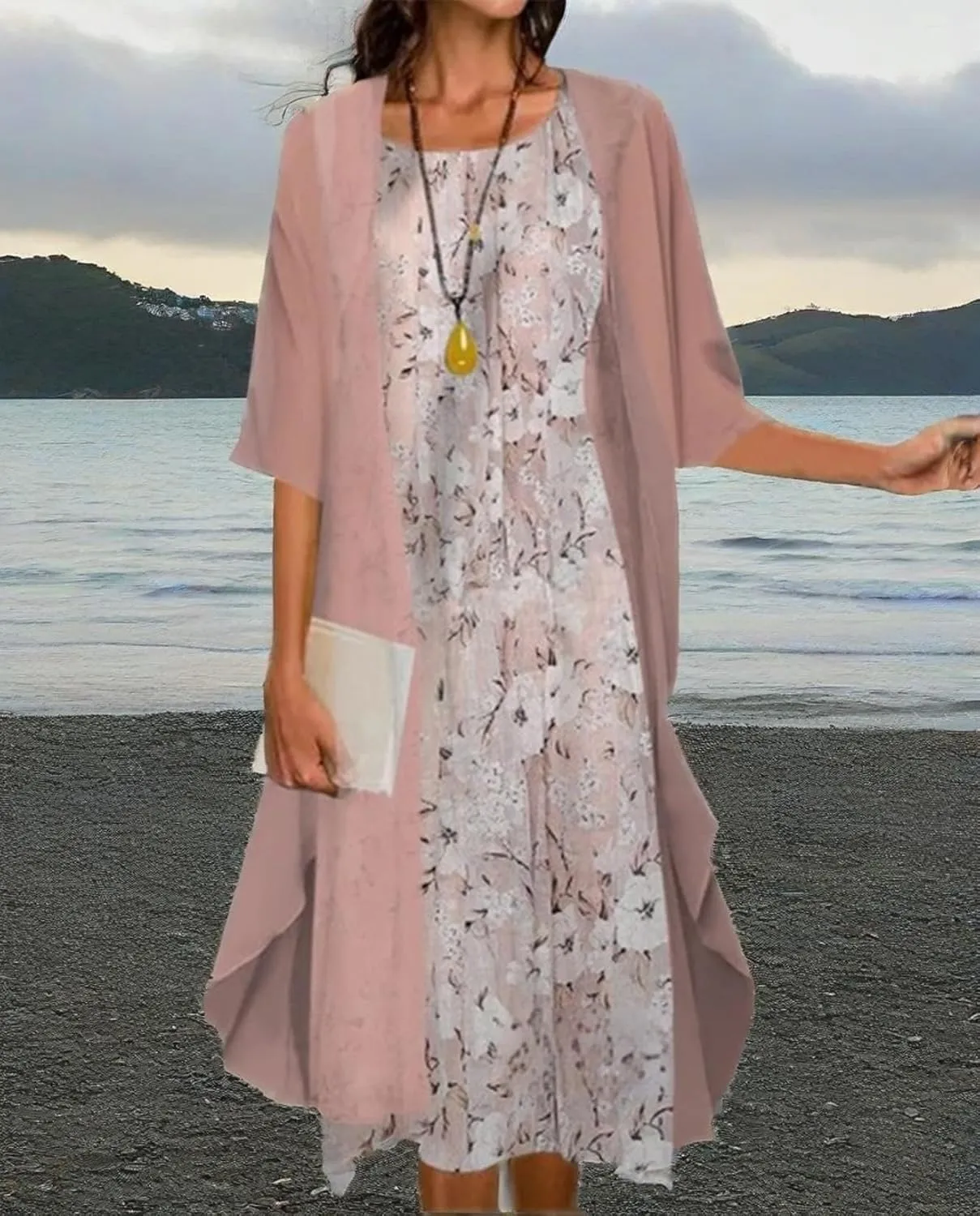 Womens Floral Print Midi Dress with Chiffon Cardigan Plus Size Sleeveless Two Piece Set for Wedding Guest Attire