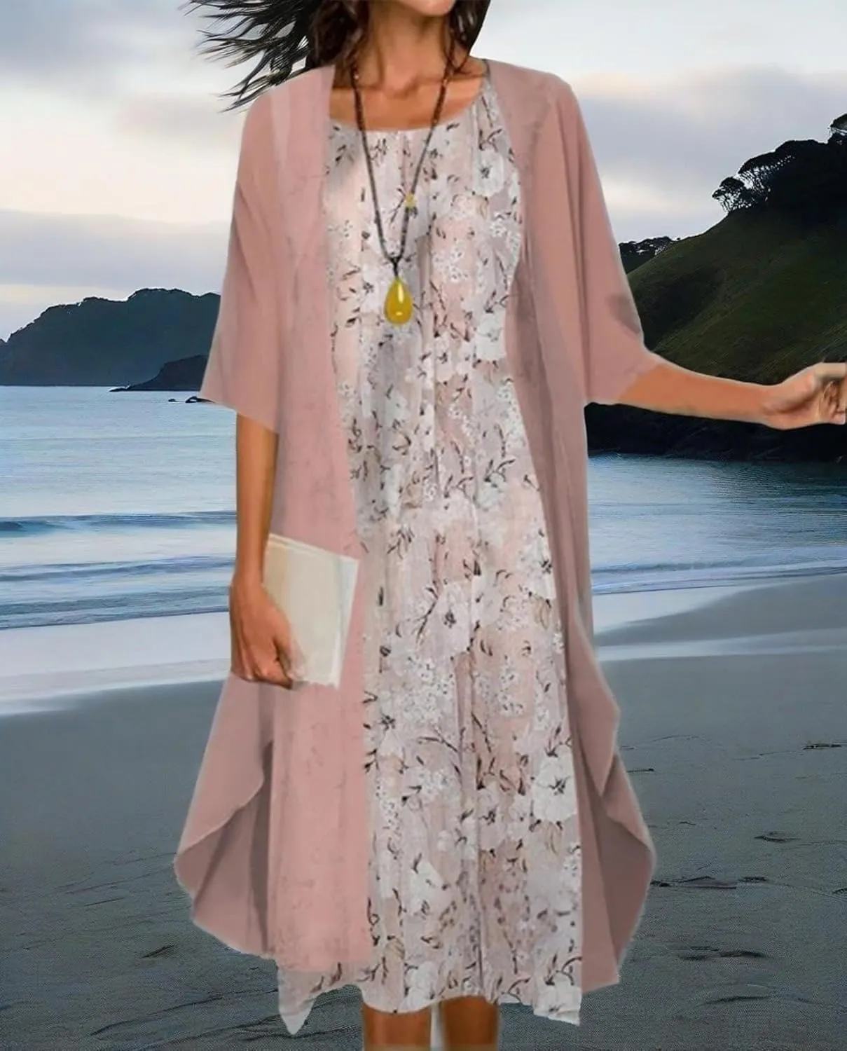 Womens Floral Print Midi Dress with Chiffon Cardigan Plus Size Sleeveless Two Piece Set for Wedding Guest Attire