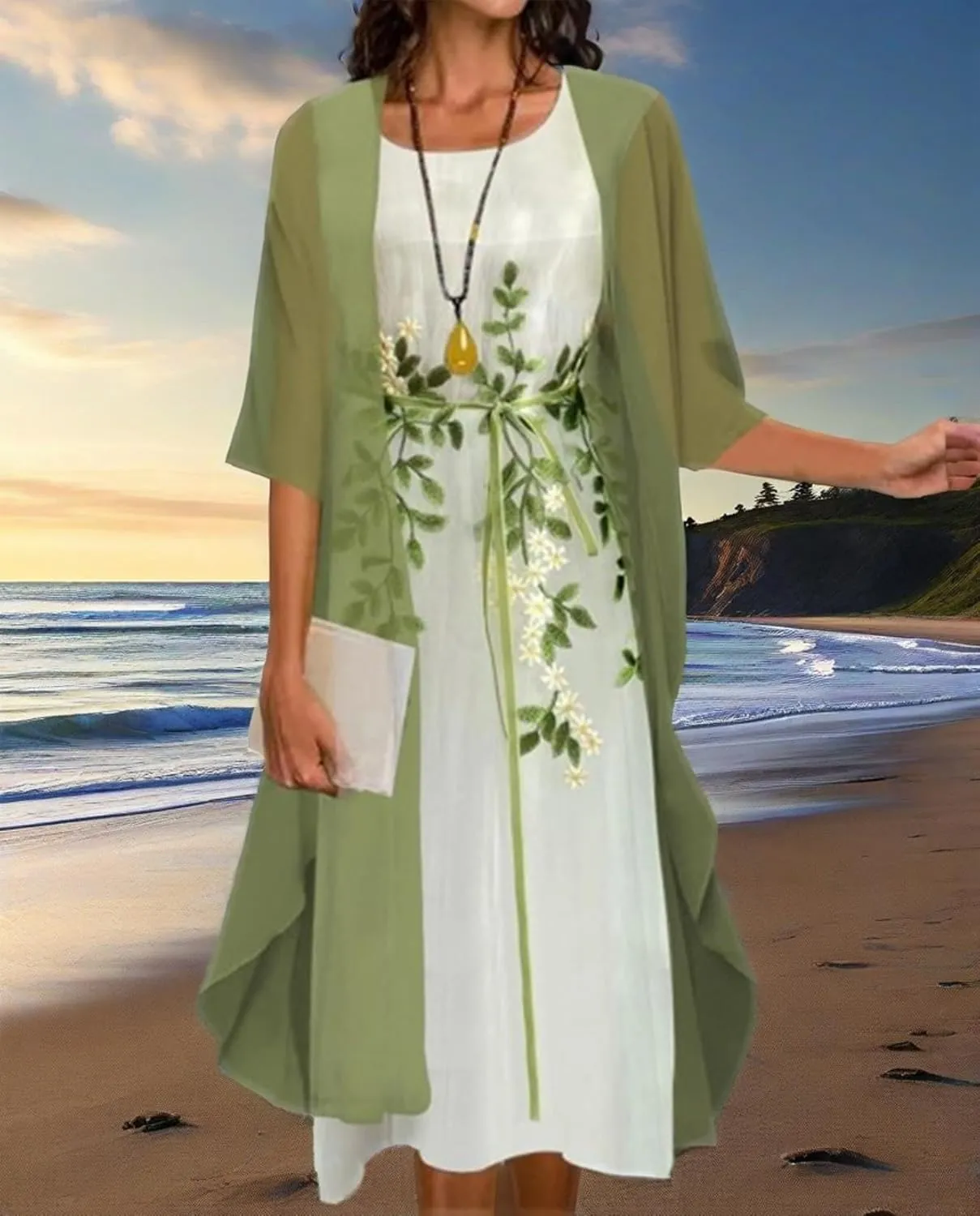 Womens Floral Print Midi Dress with Chiffon Cardigan Plus Size Sleeveless Two Piece Set for Wedding Guest Attire