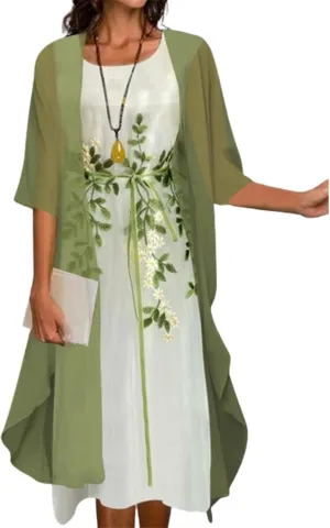 Womens Floral Print Midi Dress with Chiffon Cardigan Plus Size Sleeveless Two Piece Set for Wedding Guest Attire