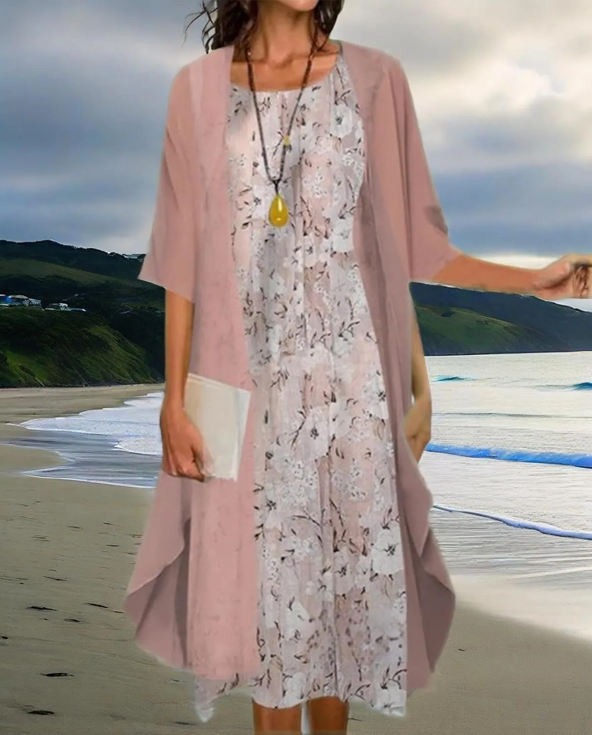 Womens Floral Print Midi Dress with Chiffon Cardigan Plus Size Sleeveless Two Piece Set for Wedding Guest Attire