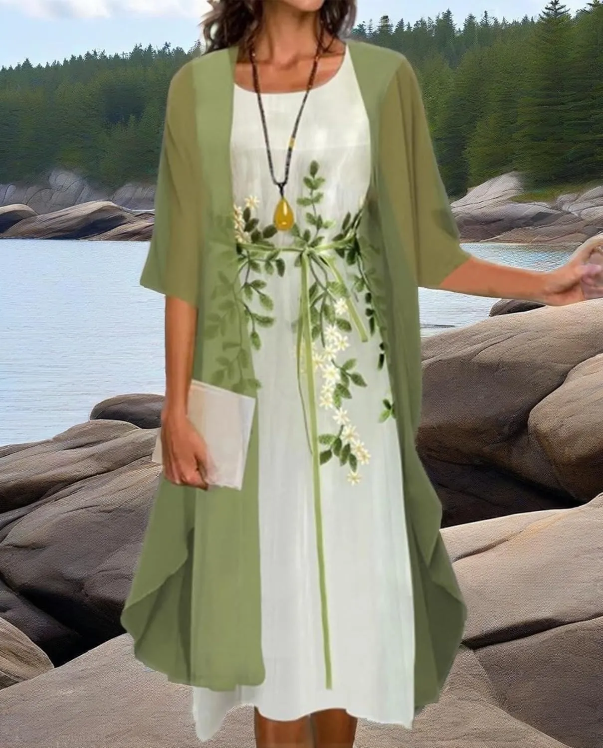 Womens Floral Print Midi Dress with Chiffon Cardigan Plus Size Sleeveless Two Piece Set for Wedding Guest Attire